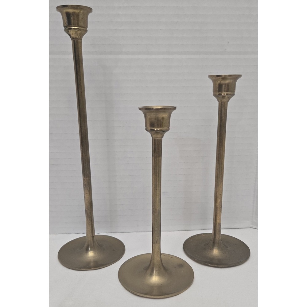 Vtg MCM Brass Candlestick Holders Graduated Set/3 Slim Stem Minimalist Taper